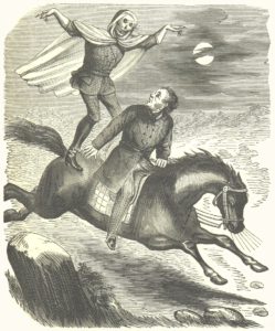 Illustration of a skull-faced Jack jumping on a horse