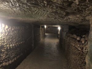 Straight hallway lined with bones