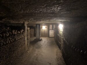 Hall lined with bones with a column at the end