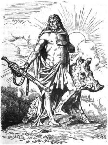 Freyr standing in front of his boar and the sun, holding a sword