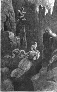 Engraving of a woman floating down a chasm with a man jumping down above.