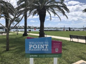 Point Pleasant Park welcome sign with view behind